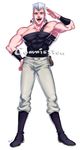  abs anz black_footwear blue_eyes boots earrings full_body hand_on_hip highres jean_pierre_polnareff jewelry jojo_no_kimyou_na_bouken male_focus muscle open_mouth pouch salute signature silver_hair smile solo stardust_crusaders watermark wristband 