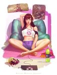  annoyed arm_behind_head bag_of_chips barefoot bra_strap brown_eyes brown_hair carpet casual chips controller crop_top d.va_(overwatch) feet food game_console game_controller highres indian_style krystopher_decker looking_at_viewer lucio_(overwatch) midriff navel off_shoulder overwatch pillow poster_(object) short_shorts shorts sitting soda_bottle solo starcraft toes whisker_markings zerg_baneling 