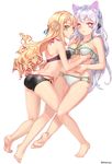  :3 aken animal_ears ass back barefoot bikini black_bikini blonde_hair braid breasts cat_ears closed_mouth collarbone commentary_request curly_hair elsword eve_(elsword) halter_top halterneck heart heart-shaped_pupils highres hips legs long_hair looking_at_viewer looking_back medium_breasts multi-strapped_bikini multiple_girls navel o-ring o-ring_bottom o-ring_top pink_eyes shoulder_blades silver_hair simple_background swimsuit symbol-shaped_pupils thighs twitter_username white_background white_bikini yellow_eyes 