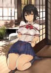  bdsm black_hair black_legwear blush bondage bound breasts brown_eyes commentary_request covered_nipples crotch_rope hakaba_(dairiseki) highres kimi_no_na_wa kneehighs kneeling looking_at_viewer medium_breasts miyamizu_mitsuha pleated_skirt pun rope school_uniform shibari shibari_over_clothes skirt solo 