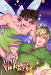  2boys anz blonde_hair blue_eyes brown_hair caesar_anthonio_zeppeli cosplay crossdressing disney dress facial_mark fairy_wings green_dress green_eyes halloween happy_halloween hat hat_feather jojo_no_kimyou_na_bouken joseph_joestar_(young) male_focus multiple_boys muscle open_mouth pectorals peter_pan peter_pan_(character) peter_pan_(cosplay) peter_pan_(disney) smile sparkle sword tinker_bell_(disney) tinker_bell_(disney)_(cosplay) weapon wings 