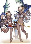  :d ahoge apple belt bikini breasts dark_skin dragon dual_persona flower food fruit granblue_fantasy hair_ornament highres large_breasts long_hair looking_at_viewer multiple_girls navel open_mouth red_eyes sandals sarong sarong_lift shimashima_(simasima_23) skirt_basket small_breasts smile swimsuit sword weapon white_bikini white_hair younger zooey_(granblue_fantasy) 