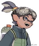  blue_hair domino_mask fangs goggle-kun_(splatoon) goggles goggles_on_head ink_tank_(splatoon) inkling jacket lowres male_focus mask pointy_ears simple_background smile splatoon_(manga) splatoon_(series) splatoon_1 tentacle_hair topknot twitter_username upper_body white_background yasu_(spl_yas) 