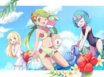  bad_id bad_twitter_id ball beachball bikini blonde_hair blue_hair bounsweet braid closed_eyes cloud day flower french_braid gen_1_pokemon gen_7_pokemon goggles goggles_on_head green_eyes green_hair hibiscus lillie_(pokemon) long_hair magikarp mao_(pokemon) mei_(maysroom) midriff multiple_girls navel one-piece_swimsuit one_eye_closed open_mouth outdoors partially_submerged plumeria pokemon pokemon_(anime) pokemon_(creature) pokemon_sm_(anime) popplio rowlet short_hair sky starfish staryu suiren_(pokemon) swimsuit trial_captain twintails water white_swimsuit 