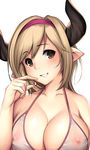  bare_shoulders bikini_top blonde_hair blush breasts brown_eyes cleavage collarbone covered_nipples directional_arrow djeeta_(granblue_fantasy) draph eyebrows_visible_through_hair granblue_fantasy grin hairband highres horns large_breasts looking_at_viewer nipples pink_hairband pointy_ears see-through smile solo tony_guisado upper_body white_bikini_top 