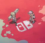  1girl baseball_cap bent_over bike_shorts commentary_request dark_skin domino_mask from_above green_hair hat headphones inkling jersey logo mask nintendo_switch over_shoulder paint_splatter pink_hair pointy_ears shirt shoes short_hair sneakers splat_dualies_(splatoon) splat_roller_(splatoon) splatoon_(series) splatoon_2 squatting t-shirt tentacle_hair weapon weapon_over_shoulder yasu_(spl_yas) 