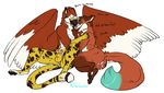  after_sex anthro avian canine cum cum_inside dialogue duo fox fynath gryphon male male/male mammal melthecannibal romantic_couple 