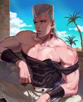  abs anz arm_rest blue_eyes blue_sky cloud collarbone day earrings jean_pierre_polnareff jewelry jojo_no_kimyou_na_bouken male_focus muscle palm_tree shade silver_hair sitting sky solo stardust_crusaders strap_slip sunlight sweat tree wristband 