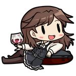  90mm_single_high-angle_gun_mount arashio_(kantai_collection) bamomon black_legwear blush brown_hair chibi commentary_request cup cupping_glass dress drinking_glass fairy_(kantai_collection) frilled_dress frills holding holding_cup kantai_collection long_hair lowres open_mouth pantyhose pinafore_dress remodel_(kantai_collection) school_uniform solid_oval_eyes solo wine_glass 