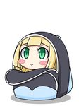  :&gt; backpack bag bangs blonde_hair blunt_bangs blush_stickers braid chagama_(tyagama0927) chibi duplicate green_eyes in_bag in_container jpeg_artifacts lillie_(pokemon) long_hair looking_at_viewer open_bag pokemon pokemon_(game) pokemon_sm shadow sidelocks simple_background solo twin_braids v-shaped_eyebrows white_background 