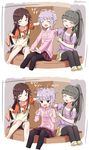  3girls absurdres black_hair blush brown_hair closed_eyes comic hand_on_another's_head highres himekawa_yuki idolmaster idolmaster_cinderella_girls juralumin kbyd_(idolmaster_cinderella_girls) kobayakawa_sae koshimizu_sachiko long_hair messy_hair multiple_girls open_mouth pantyhose petting ponytail purple_hair short_hair smile towel 