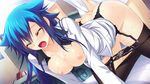  1girl all_fours amagai_yukino ass_grab bed black_legwear black_panties blue_hair breasts closed_eyes doggystyle dutch_angle game_cg haga_neko hetero large_breasts long_hair long_sleeves nipples no_bra on_bed open_clothes open_mouth open_shirt panties panty_pull sex shirt solo_focus sweat thighhighs tsuyokiss tsuyokiss_festival underwear vaginal 
