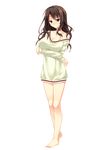  bare_legs barefoot blush breasts brown_eyes brown_hair cleavage crossed_arms full_body highres imouto_no_seiiki kanojo_no_seiiki large_breasts long_hair long_sleeves naked_sweater nase_yaeka no_pants nose_blush official_art ryouka_(suzuya) solo sweater transparent_background 