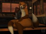  2017 3d_(artwork) anthro areola big_breasts blx24 breasts brown_fur brown_lips brown_nose canine digital_media_(artwork) fan_(disambiguation) female fox fur green_eyes hi_res hindpaw inside lips looking_at_viewer mammal nipples orange_fur paws sitting smile solo thick_thighs 