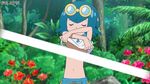  1girl arms_up blue_hair censored edited eyes_closed pokemon pokemon_(anime) pokemon_sm screencap shirt short_hair solo suiren_(pokemon) trial_captain undressing 