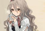  artist_name ascot blush brown_eyes commentary cup frilled_sleeves frills grey_hair hair_between_eyes hat hita_(hitapita) kantai_collection long_hair long_sleeves mini_hat mug pola_(kantai_collection) shirt simple_background smile solo steam upper_body wavy_hair white_shirt 