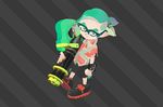  commentary_request diagonal_stripes domino_mask from_above glasses green_hair grey_background hawaiian_shirt heavy_splatling_(splatoon) highres inkling inoue_seita male_focus mask official_art pointy_ears shirt shoes simple_background sneakers solo splatoon_(series) splatoon_2 striped striped_background tentacle_hair 