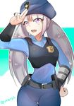  belt body_armor contrapposto grey_hair hand_on_hip hat highres humanization judy_hopps kowaremashita long_hair open_mouth pink_eyes police police_badge police_hat police_uniform policewoman pouch salute smile solo standing twintails uniform zootopia 