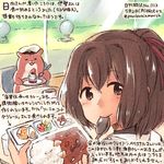  animal brown_eyes brown_hair cake commentary_request cup curry curry_rice dated egg food fork hamster ise_(kantai_collection) kantai_collection kirisawa_juuzou non-human_admiral_(kantai_collection) ponytail rice smile spoon spoon_in_mouth teacup traditional_media translation_request twitter_username 