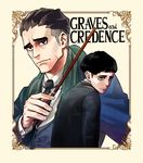  black_eyes black_hair black_neckwear border bowl_cut bright_pupils character_name coat credence_barebone fantastic_beasts_and_where_to_find_them highres looking_at_viewer male_focus multiple_boys necktie no_pupils percival_graves projected_inset shibata_yuusaku simple_background tan_background traditional_media undercut 
