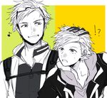  2boys age_difference backpack bag eyewear_on_head green_background hair_tousle hood hoodie kino_(noki418) looking_at_another male_focus multiple_boys musical_note pokemon pokemon_go simple_background sixteenth_note smile spark_(pokemon) two-tone_background willow_(pokemon) yellow_background 