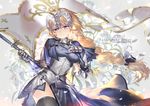  :d armor armored_dress black_legwear blonde_hair blue_eyes braid capelet chain copyright_name cowboy_shot fate/apocrypha fate/grand_order fate_(series) faulds flag floral_background flower gauntlets headpiece holy_pumpkin jeanne_d'arc_(fate) jeanne_d'arc_(fate)_(all) light light_particles long_hair looking_at_viewer open_mouth petals sheath sheathed single_braid smile solo sword thighhighs thighs weapon wind 