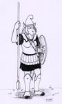  2017 anthro armor equine female helmet holding_object holding_weapon horse mammal melee_weapon monochrome polearm rabbi-tom red_shetland shield simple_background solo spear standing weapon white_background 