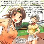  alternate_costume breasts brown_eyes brown_hair chitose_(kantai_collection) chiyoda_(kantai_collection) collared_shirt commentary_request dated grey_eyes grey_hair kantai_collection kirisawa_juuzou large_breasts long_hair multiple_girls one_eye_closed orange_shirt pleated_skirt ponytail racket shirt short_sleeves skirt sleeveless sleeveless_shirt smile sportswear sweat tennis_racket tennis_uniform traditional_media translation_request twitter_username white_skirt yellow_shirt 