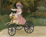  amibazh arm_up bat_wings commentary dress faux_traditional_media fine_art_parody flower happy hat horse looking_at_viewer mob_cap open_mouth outdoors parody playing polearm purple_hair remilia_scarlet rocking_horse short_hair smile solo spear spear_the_gungnir touhou tricycle weapon wings younger 