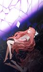  barefoot brown_hair crying crying_with_eyes_open digital_dissolve dress dress_shirt hair_ribbon holographic_monitor jiayue_wu long_hair pink_dress pink_hair reflection ribbon rin_(shelter) shelter_(music_video) shirt solo space tears very_long_hair 