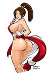  artist_name ass bangs bare_shoulders breasts brown_eyes brown_hair commentary covered_nipples cowboy_shot devil-v fan fatal_fury folding_fan from_side hand_on_hip high_ponytail highres large_breasts long_hair looking_at_viewer looking_to_the_side parted_bangs parted_lips pelvic_curtain revealing_clothes shiranui_mai snk solo the_king_of_fighters 