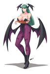  &gt;:) absurdres animal_print bangs bare_shoulders bat_print bat_wings black_footwear boots breast_hold breasts bridal_gauntlets cleavage closed_mouth collarbone covered_navel crossed_arms demon_girl devil-v full_body green_eyes green_hair head_wings high_heel_boots high_heels highleg highleg_leotard highres large_breasts leotard long_hair looking_at_viewer morrigan_aensland pantyhose parted_bangs print_legwear purple_wings smile solo standing succubus v-shaped_eyebrows vampire_(game) wings 