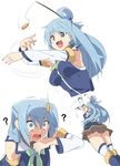  1girl :d ? aqua_(konosuba) ass blue_eyes blue_hair blush bow bowtie coin detached_sleeves downscaled flying_sweatdrops green_bow green_neckwear hair_ornament highres image_sample kono_subarashii_sekai_ni_shukufuku_wo! long_hair md5_mismatch muchi_maro no_panties open_mouth resized skirt smile solo sweat sweatdrop tearing_up tears thighhighs 