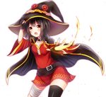  adjusting_clothes adjusting_hat bandages black_hair blush cape fire hat highres kono_subarashii_sekai_ni_shukufuku_wo! looking_at_viewer megumin nya_rl open_mouth outstretched_arm outstretched_hand red_eyes short_hair simple_background single_thighhigh solo thighhighs white_background witch_hat 