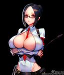  armband artist_name belt belt_buckle between_breasts black_background black_hair black_pants breast_hold breast_rest breasts buckle buttons cleavage collared_shirt covered_navel eyebrows_visible_through_hair eyelashes glasses groin hair_bun han-0v0 highleg highres holding huge_breasts lips long_sleeves looking_at_viewer necktie open_clothes open_shirt original pants parted_lips red_eyes red_neckwear riding_crop semi-rimless_eyewear shirt short_hair sidelocks simple_background solo strap teacher upper_body watermark web_address white_shirt 
