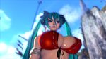  3d alternate_breast_size alternate_costume aqua_hair armlet backlighting bangs beach bikini blade_&amp;_soul blue_eyes blurry breasts cliff closed_mouth cloud day depth_of_field earrings from_below front-tie_bikini front-tie_top gon_(blade_&amp;_soul) hair_between_eyes hair_ornament hair_scrunchie huge_breasts jewelry large_breasts lipstick long_hair looking_at_viewer makeup outdoors pink_lipstick red_bikini ribbon-trimmed_bikini ribbon_trim rock scrunchie sky solo straight_hair swimsuit twintails upper_body 