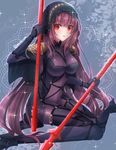  bodysuit breasts downscaled dual_wielding fate/grand_order fate_(series) gae_bolg highres holding large_breasts long_hair looking_at_viewer md5_mismatch pauldrons polearm purple_bodysuit purple_hair red_eyes resized scathach_(fate)_(all) scathach_(fate/grand_order) solo sparkle spear tanaji twitter_username veil weapon 
