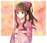  1girl 2017 breasts brown_eyes brown_hair fate/extra fate_(series) floral_pattern flower happy_new_year kimono kishinami_hakuno_(female) long_hair ponytail smile 