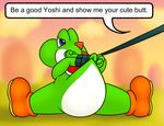  ambiguous_gender anthro arms_tied blue_eyes boots bound butt clothing footwear green_skin leash looking_back mario_bros nintendo nishi nude rear_view solo unseen_character video_games yoshi 