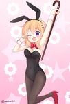  ;d animal_ears arm_up armpits black_legwear bow bowtie breasts bunny_ears bunny_tail bunnysuit cane cleavage covered_navel cowboy_shot detached_collar fake_animal_ears gochuumon_wa_usagi_desu_ka? hoto_cocoa large_breasts massala navel one_eye_closed open_mouth orange_hair pantyhose purple_eyes red_bow red_footwear red_neckwear shoes short_hair smile solo standing standing_on_one_leg tail twitter_username v v_over_eye wrist_cuffs 