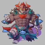  abs alasurth angry anthro armor body_hair bovine chain chest_hair clothed clothing ear_piercing hair horn male mammal minotaur muscular muscular_male nipples piercing red_hair scar sharp_teeth simple_background solo summons_board teeth topless yellow_eyes 