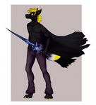  anthro canine cape clothed clothing fur hair male mammal melee_weapon simple_background solo standing sword topless weapon zumjakal 