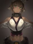 amino_(tn7135) artist_name bangs breast_squeeze breasts brown_hair collarbone covered_nipples gloves green_eyes grey_background halter_top halterneck head_tilt headgear kantai_collection large_breasts looking_at_viewer md5_mismatch mutsu_(kantai_collection) navel parted_lips pleated_skirt short_hair skirt solo white_gloves 