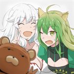  :d ahoge animal_ears artemis_(fate/grand_order) atalanta_(fate) breasts cat_ears cleavage closed_eyes fate/apocrypha fate/grand_order fate_(series) gradient_hair green_eyes green_hair looking_at_viewer multicolored_hair multiple_girls one_eye_closed open_mouth orion_(fate/grand_order) photobomb self_shot smile stuffed_animal stuffed_toy tatsu_(tanishi_24) teddy_bear two-tone_hair v white_hair 