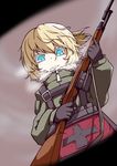  bayonet black_gloves blonde_hair blue_eyes colored_eyelashes commentary_request finger_on_trigger fur_trim gloves gun highres holding holding_weapon looking_at_viewer looking_down military military_uniform mondragon_rifle pov rifle sanpaku short_hair smile smirk sokutenkun solo tanya_degurechaff uniform weapon youjo_senki 