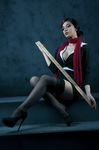  1girl black_hair cleavage cosplay dress fiora_laurent glasses high_heels league_of_legends lipstick looking_at_viewer make_up nail_polish photo ponytail short_hair sitting stockings valentina_kryp 