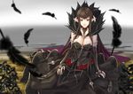  1girl assassin_of_red black_hair breasts brown_eyes choker cleavage dress elbow_gloves fate/apocrypha fate_(series) feathers frills gloves lips multicolored_hair pointy_ears shoes smile very_long_hair 