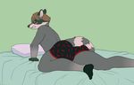  annoyed anthro bed blush briefs butt clothing grabbing_sheets hair legwear looking_at_viewer male mammal on_bed pillow raccoon socks solo teeth underwear xouual 
