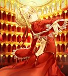  aestus_domus_aurea ahoge arched_back back_cutout blonde_hair blush butt_crack colosseum commentary_request dress epaulettes fate/extra fate_(series) green_eyes hair_intakes highres looking_at_viewer nero_claudius_(fate) nero_claudius_(fate)_(all) outstretched_arms red_dress saijou_haruki smile solo wide_sleeves 