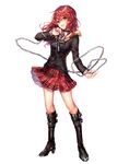  belt_boots black_footwear boots chain full_body knee_boots long_hair looking_at_viewer necktie open_mouth original plaid plaid_skirt red_eyes red_hair skirt solo yuli_(yulipo) 